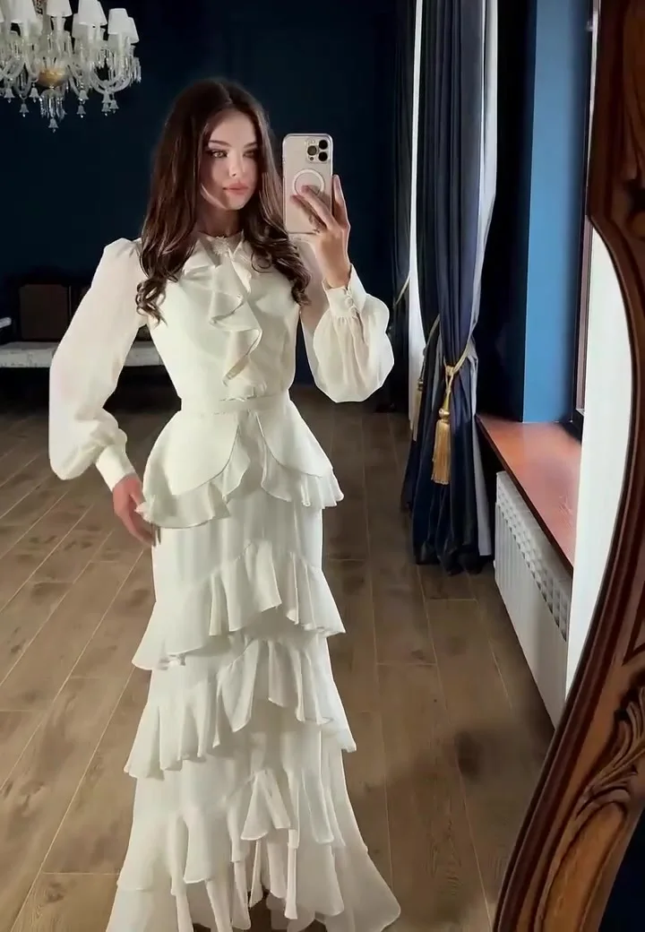 Elegant Solid Layered Ruffle Long Dress Women O Neck Long Sleeve Belt Chiffon Maxi Dress Autumn Wedding Guest Evening Party Robe