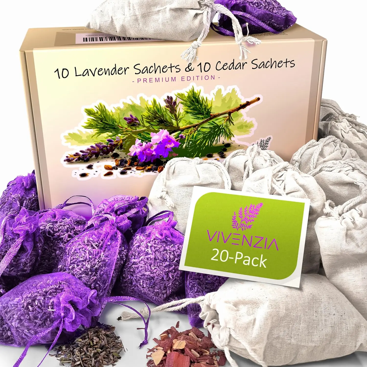 

20 Pack Cedar Sachets & Lavender Sachets for Drawers and Closets – Cedar Chips for Clothes Storage & Dried Lavender Sachets - Dr