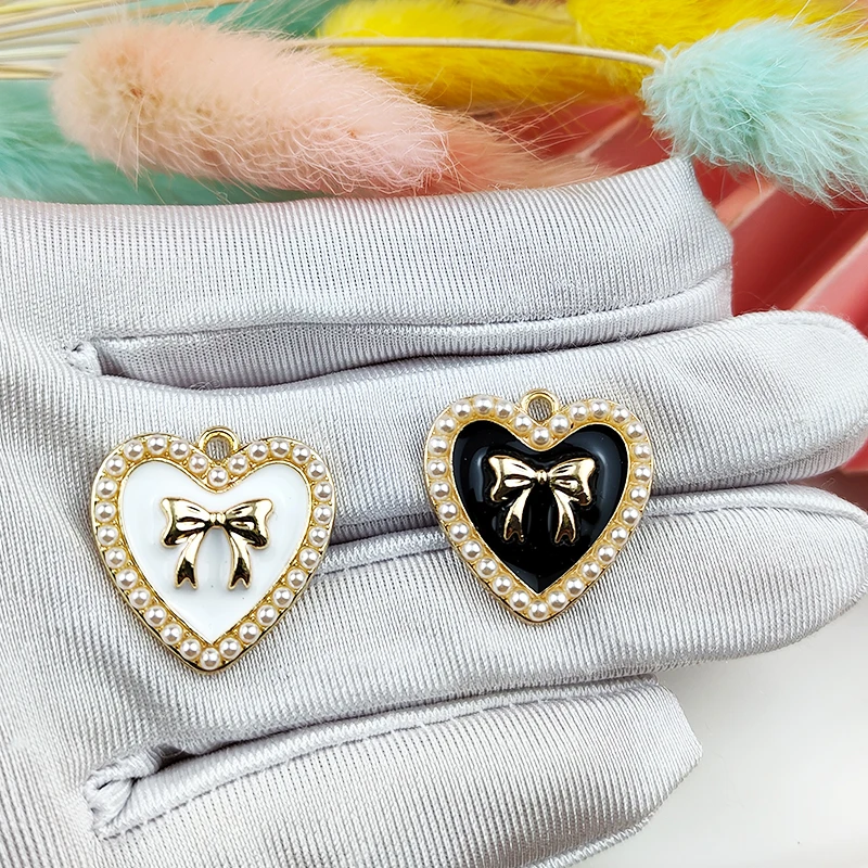 

10pcs Pearl Bow Heart Enamel Charms For Jewelry DIY Accessory OL Style Love Shapes Pendants Handmade Earrings Making Finding