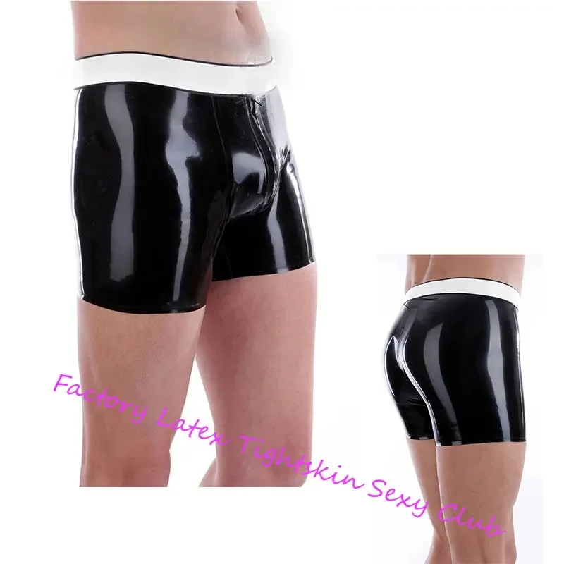 Latex Shorts Rubber Boxer Briefs with Front Zipper White Trims Panties Underwear Pants Party Club Wear Costume ( No Back Zip)