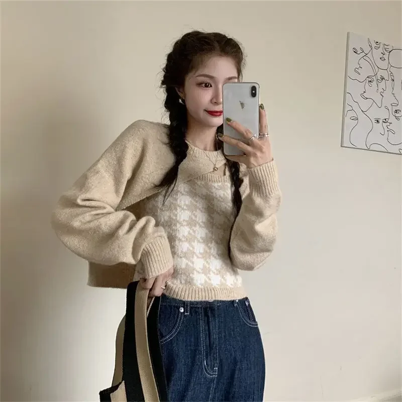 

Women Round Neck Long Sleeve High Street Pullovers Sweater Printing Elegant All-match Y2K Sling Spring Autumn New Ladies Suits