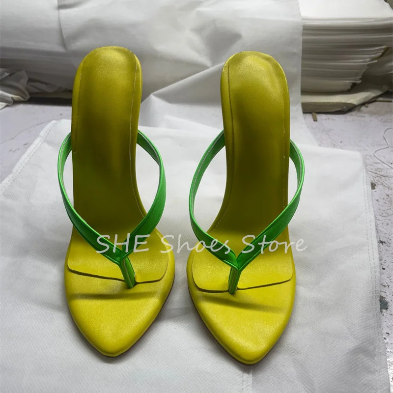 

Sexy Pointed Toe Thin Heel Women Slippers Green Straps Stiletto Flipflops Summer Beach Sandals Ladies Casual Outside Shoes