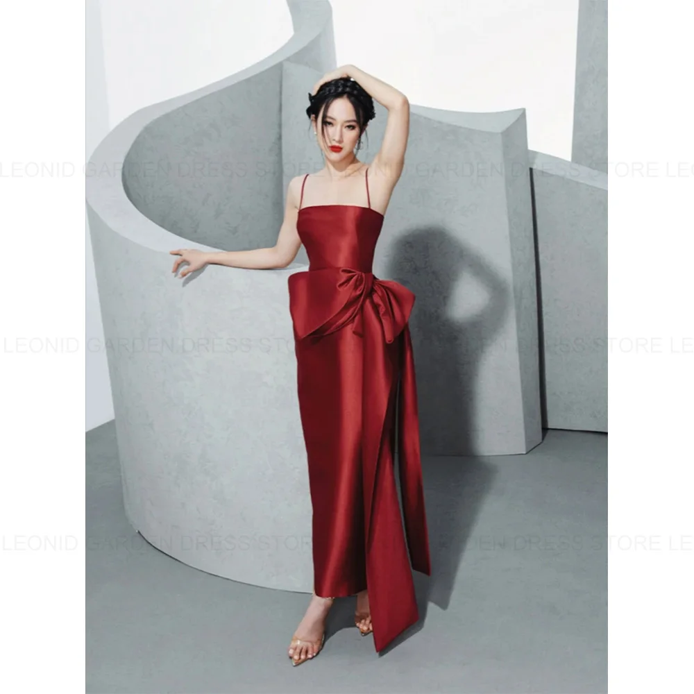 LEONID Satin Formal Evening Gown 2024 Prom Dresses Fashion Sexy Spaghetti Strap Sheath Party Dress Ankle-Length Sleeveless Bow