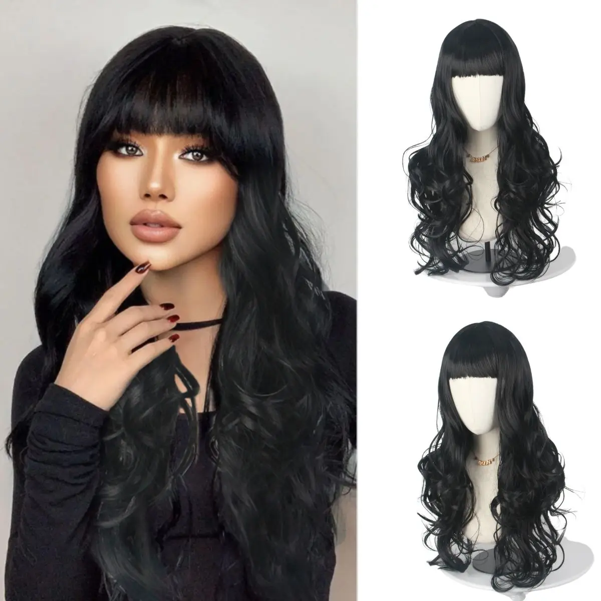 

Black long curly wig with bangs, rose inner net, super natural. Shine in daily/photo - taking/COS. Change looks easily.