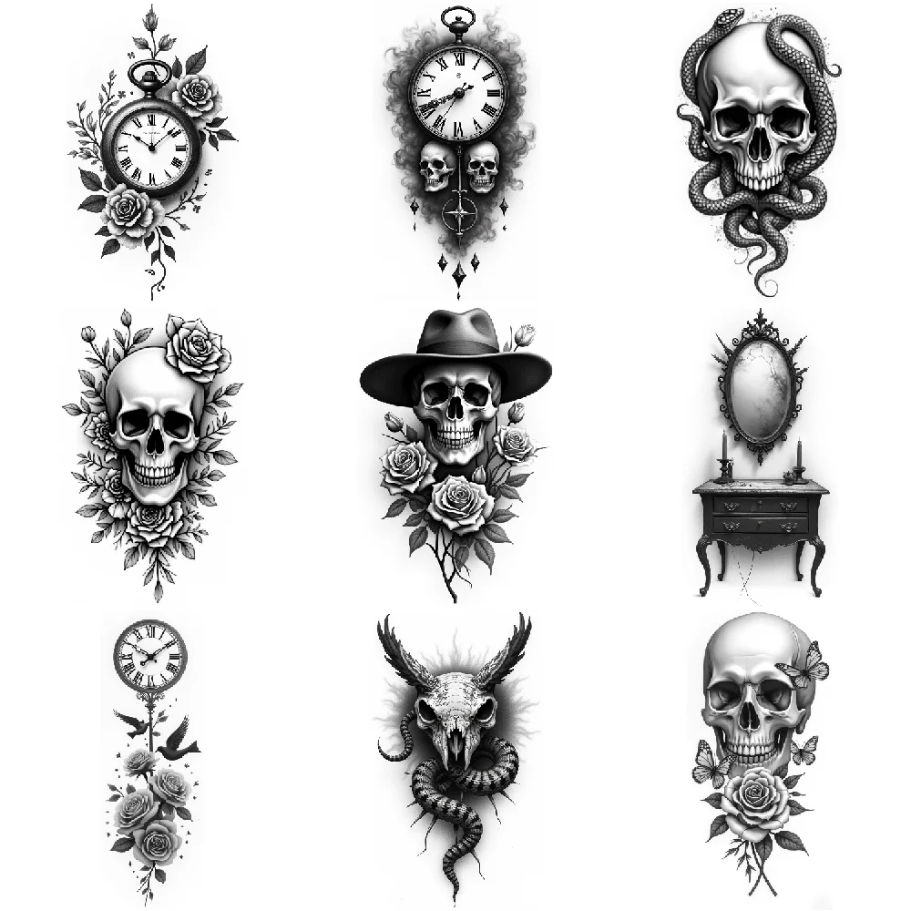 

3pcs Temporary Tattoo Waterproof Long-lasting Body Stickers Skull And Flowers Skull With Snake Clock With Skulls For Arms