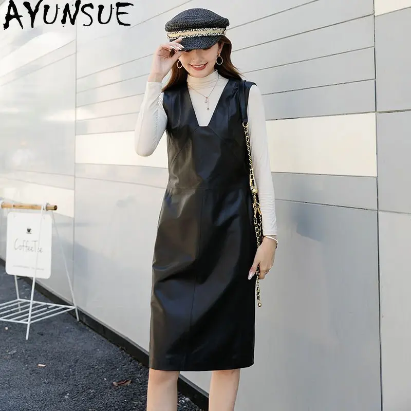 AYUNSUE Real Leather Dress for  Women 2023 Elegant Genuine Sheepskin Dresses Korean Fashion Women Clothing Slim Dress Mid-length