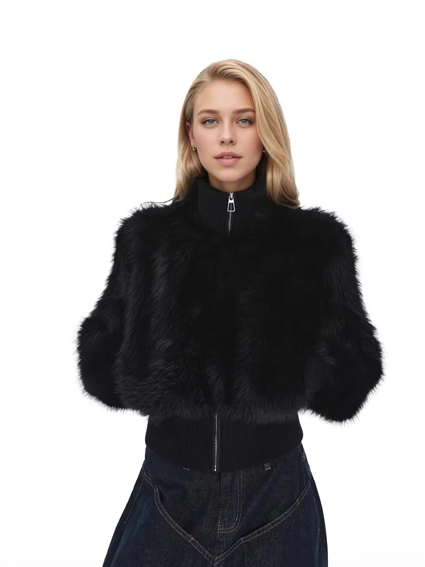 New Black Stand up Collar Imitation Fox Fur Shoulder Grass Coat Short Length Fashionable Outerwear