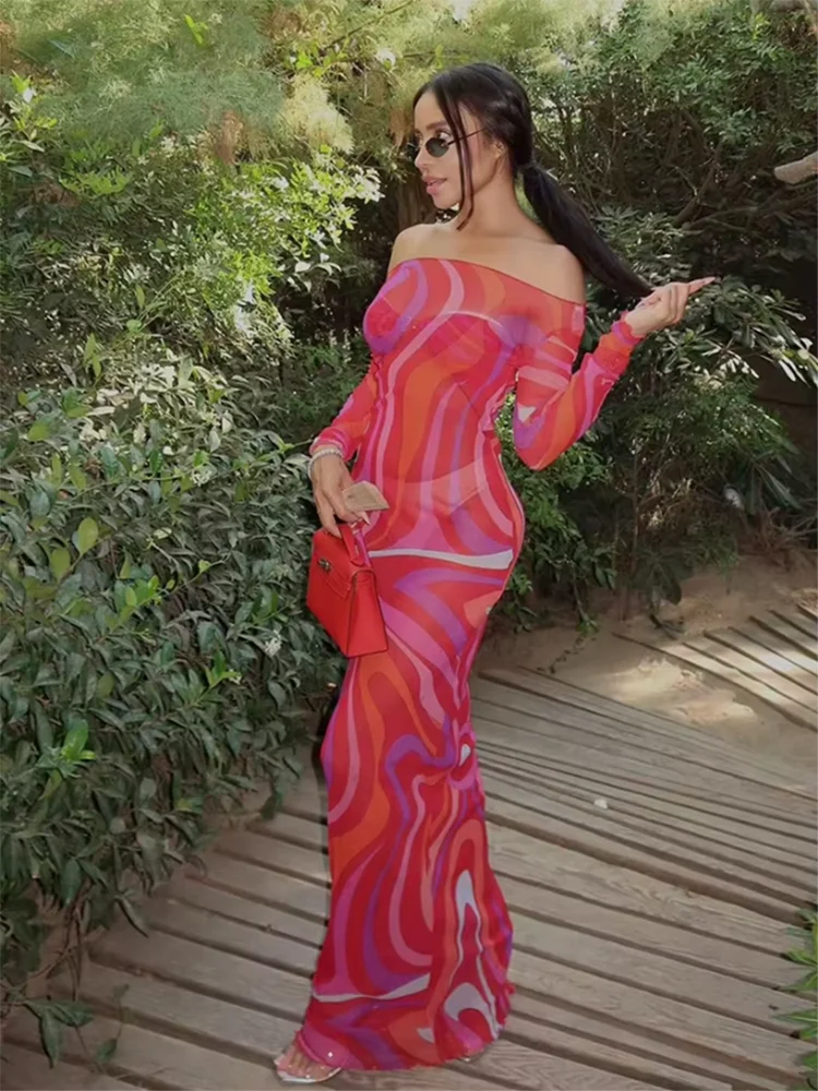 Summer Fashion Beach Style Vintage Pattern Print Long Dress Women's Sexy One Word Collar Slim Buttock Covering Dresses