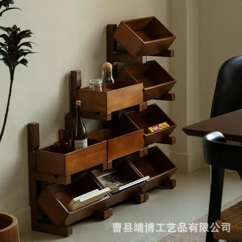 

In stock retro floor-standing storage rack living room decoration fruit storage basket multi-layer wooden sundries storage rack