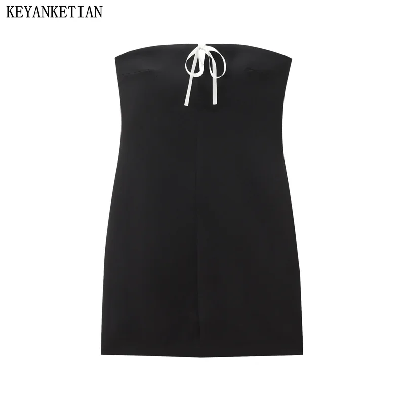 

KEYANKETIAN 2024 New Launch Women Bow Bandage Slash neck Breast Wrap Dress Hot sweet Slim Sexy Black Straples Corset Mini Dress