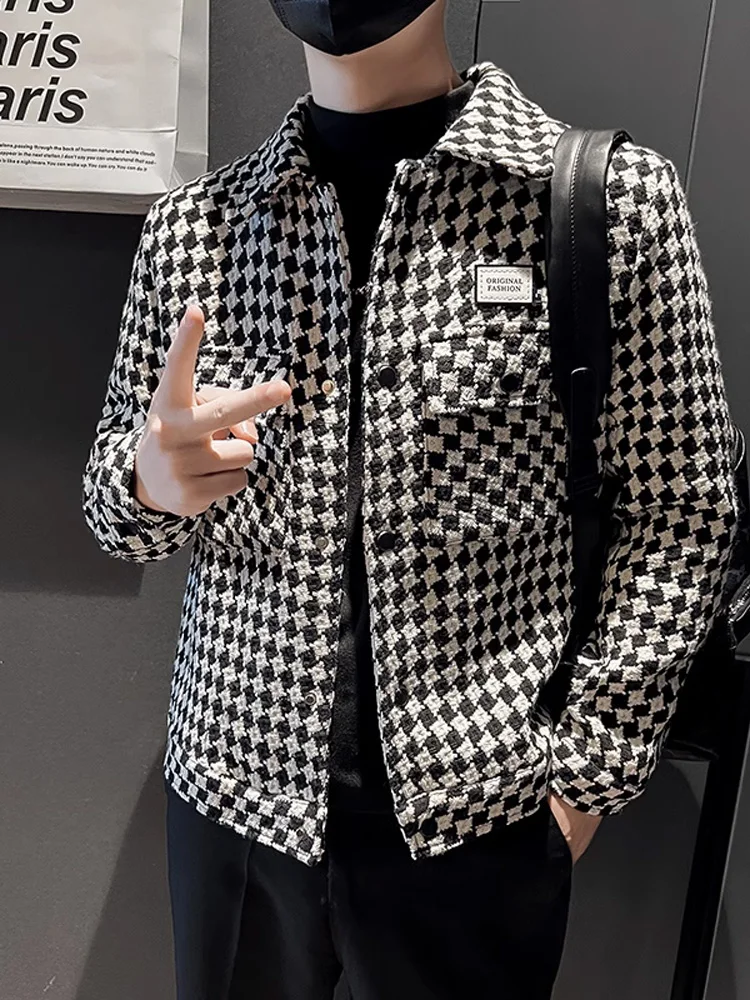 

Мужская демисезонная куртка в клетку с отложным воротником, приталенная, стильная, модная, для осени, в стиле интернет-селебрити