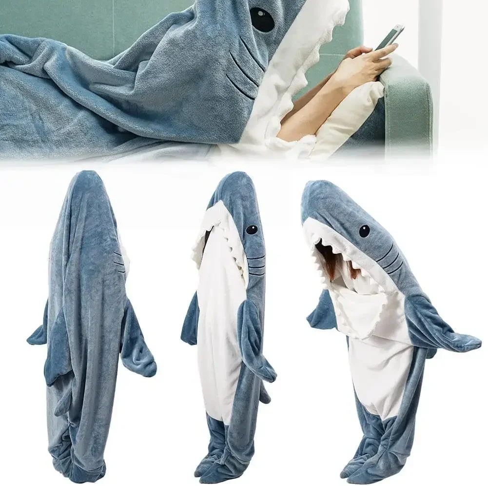 

2024 New Shark Blankets Hoodie Flannel Pajamas Wearable Plush Sleeping Bag for Children Adult Cozy Shark Pajamas