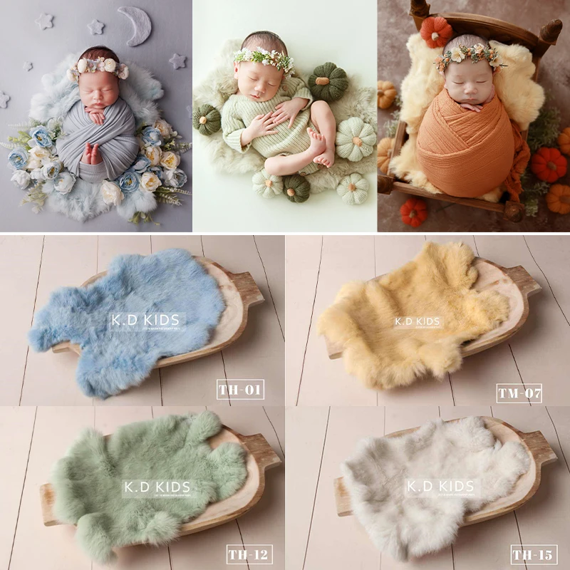 

Newborn Photography Props Natural Rabbit Fur Rug Baby Photo Blankets Studio Infant Posing Basket Filled Background Accessories