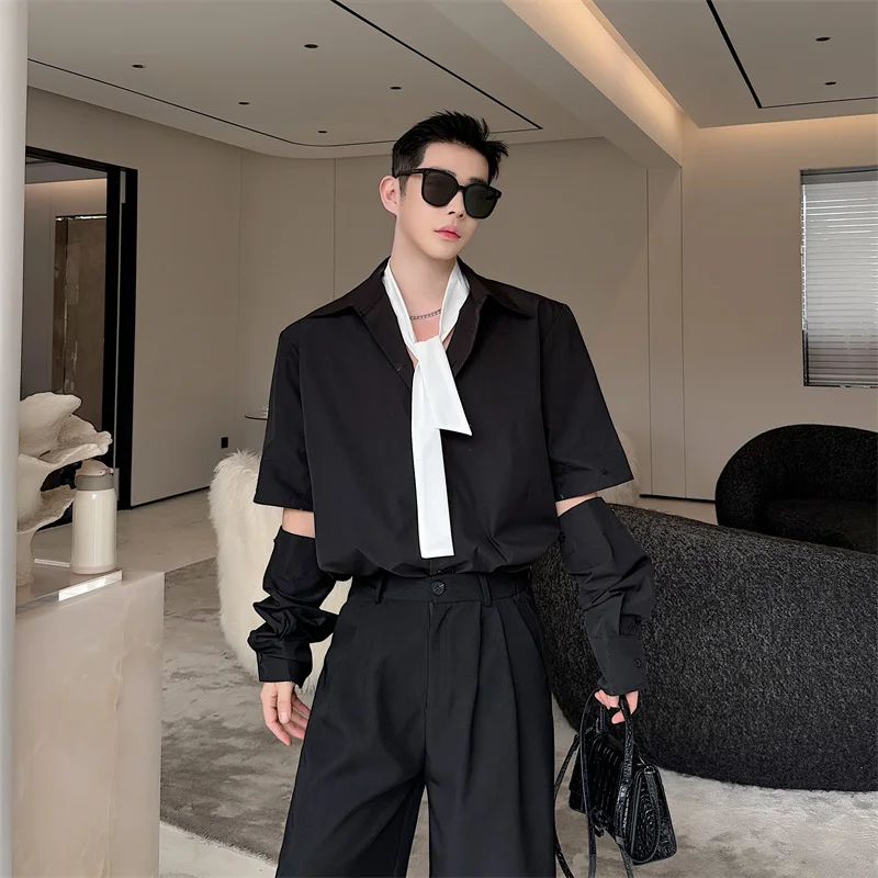 

Spring Summer Men's Long Sve irt Detachable Cuffs Tie Design Cool Haome Stand Fit Youthful Trend Spun Polyester