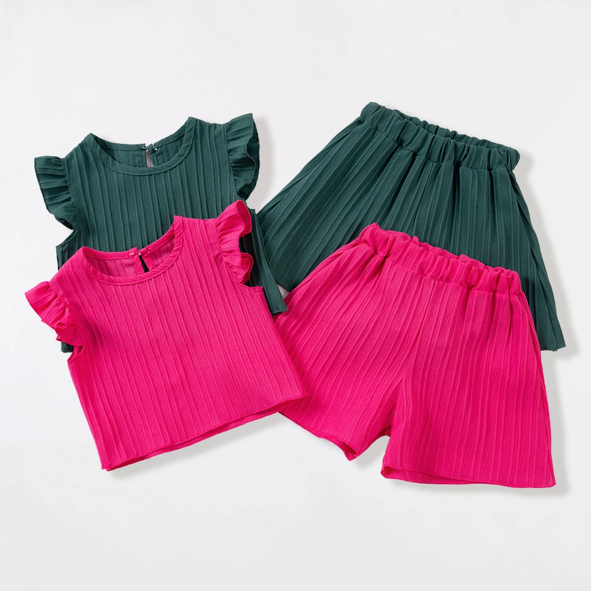 Girls' Summer Solid-Colour Short-Sleeved Top and Shorts Set Casual Two-Piece Outfit Trendy Fashion