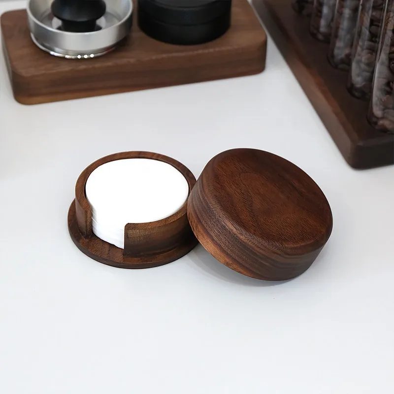 Walnut Coffee Filter Paper Storage Box Dustproof Base Universal 51 53 58Mm For Espresso Extraction Home Bar Cafe Coffee