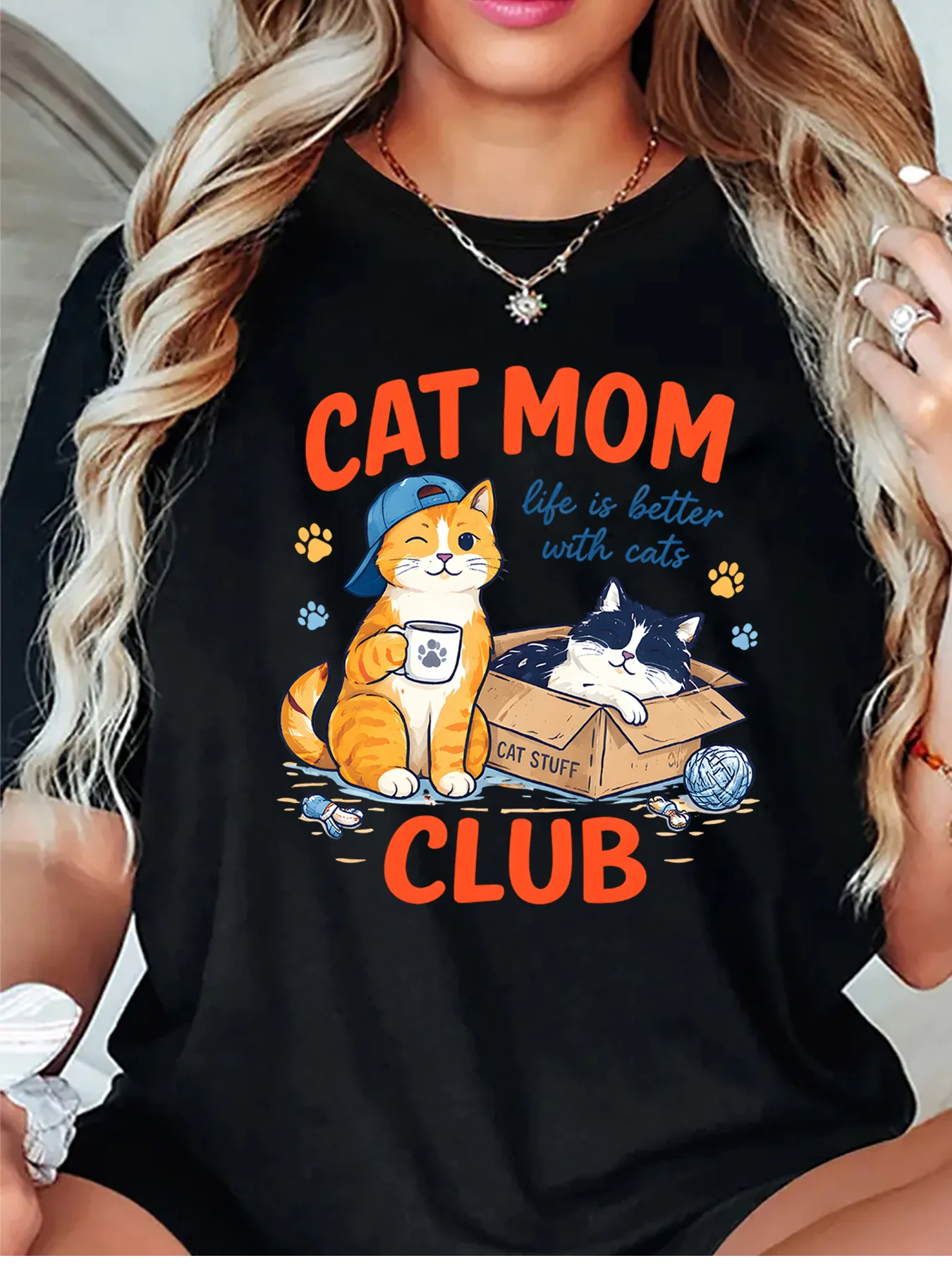 Cat Mom Club Cute Cats Paw Print Life Is Better With Cats Graphic Womens T Shirt Short Sleeve Crew Neck Casual Ladies Tee Tops