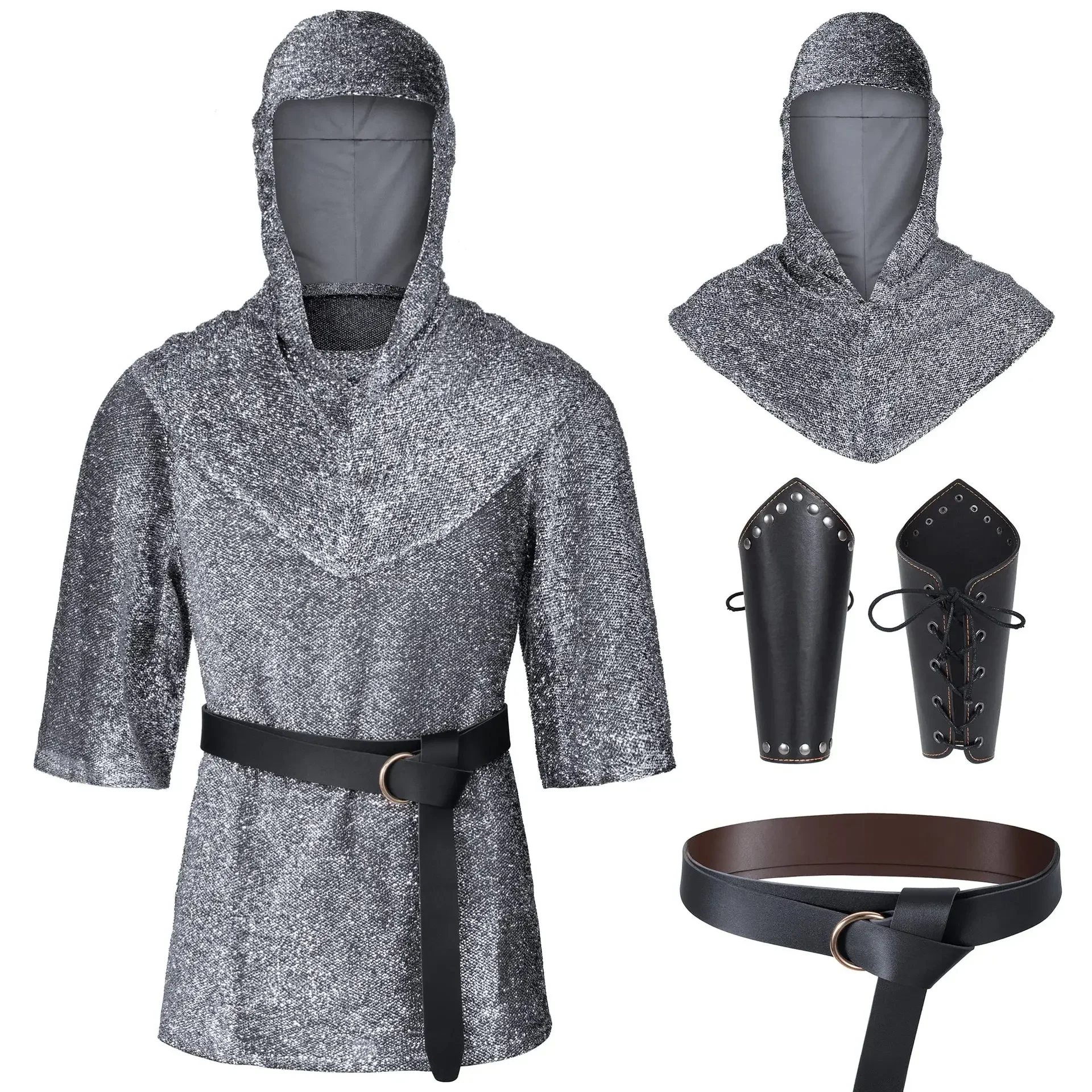 

Cosplay Fake Chain Mail SHirt Medieval Renaissance Armor Tunic Coif Knight Cowl Crusader Costume Bracers Waist Belt Set