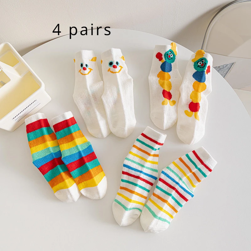 4 Pairs Summer Thin Kids Rainbow Trend Fashion Stripes Cute Boys and Girls Mesh Breathable Comfortable Cotton Socks