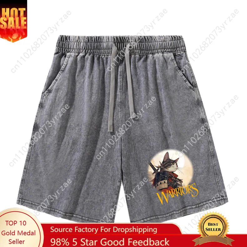 

Cat Warrior Mans Womans Teenager Retro Short Vintage Cotton Elastic Sweatpants Beach Fashion Pattern Soft Shorts Customize Pants