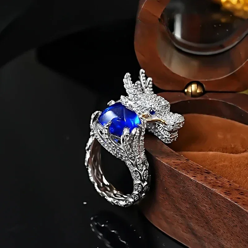 Powerful Sugar Tower Blue Treasure Dragon Ring 925 sterling silver plated 18K gold three-dimensional full diamond zodiac gift