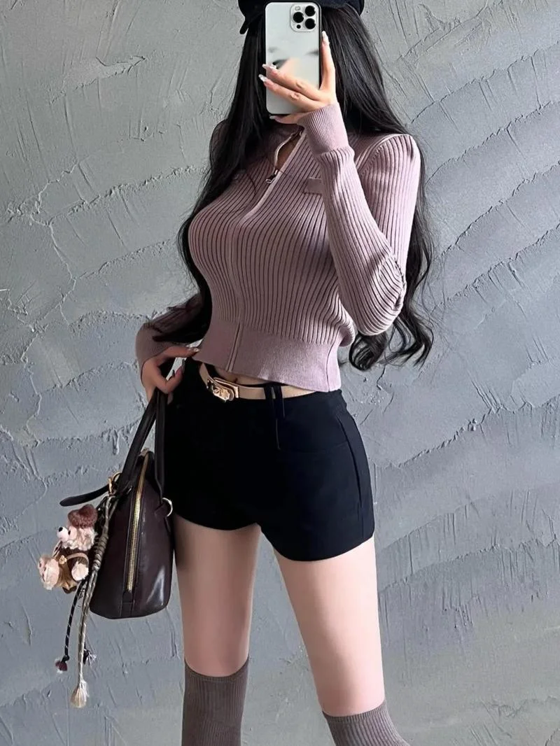 2024 Autumn/winter New American Style Semi High Neck Knitted Cardigan Women's Zipper Cinching Waist Slim Long Sleeve Top 2QMK