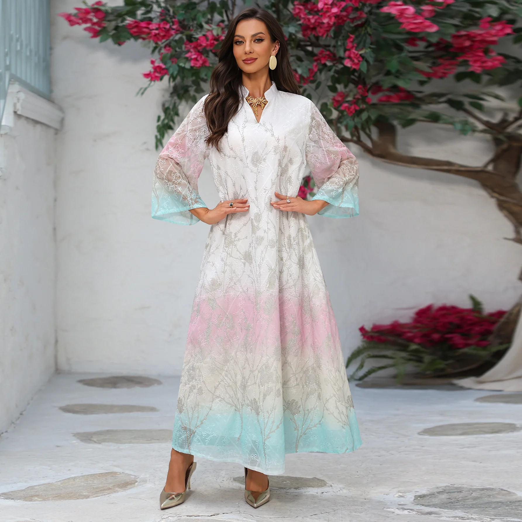 

2026 Spring Summer Women's Gradient Embroidery Jalabiya Abaya Dress Dresses Ethnic Muslim Outfit