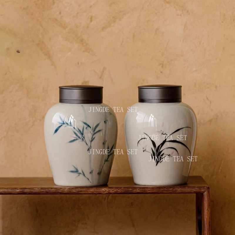 550ml Hand Drawn Orchid Ceramic Tea Sealed Jar with Grass and Ash Chinese Style Tin Lid Moisture-proof Large Storage Jar