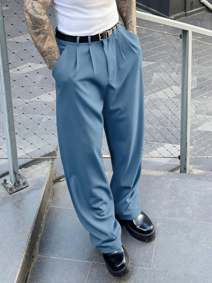 

Mens Pleated Loose Straight Leg Trousers Sky Blue Casual Business Pants