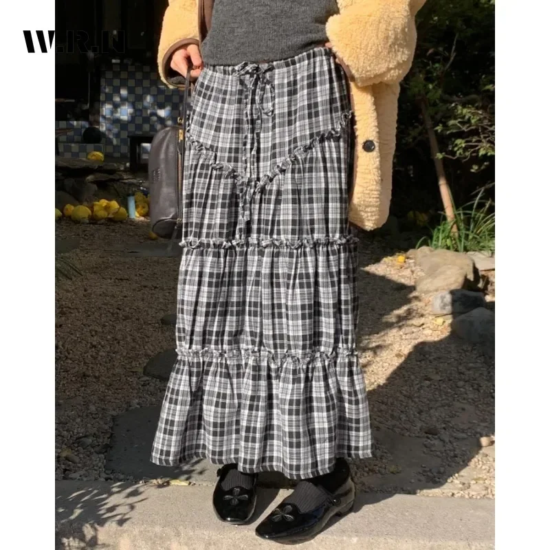 2025 Spring Casual Vintage Plaid Print Soft Mid Long Skirts Women's Elegant Chiffon High Waist Loose Fit Lace-up Pleated Skirt