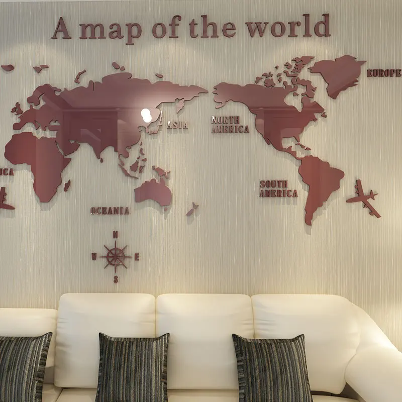 3D Acrylic World Map Wall Stickers, Three-Dimensional, Office Background, Wall Decoration, Art