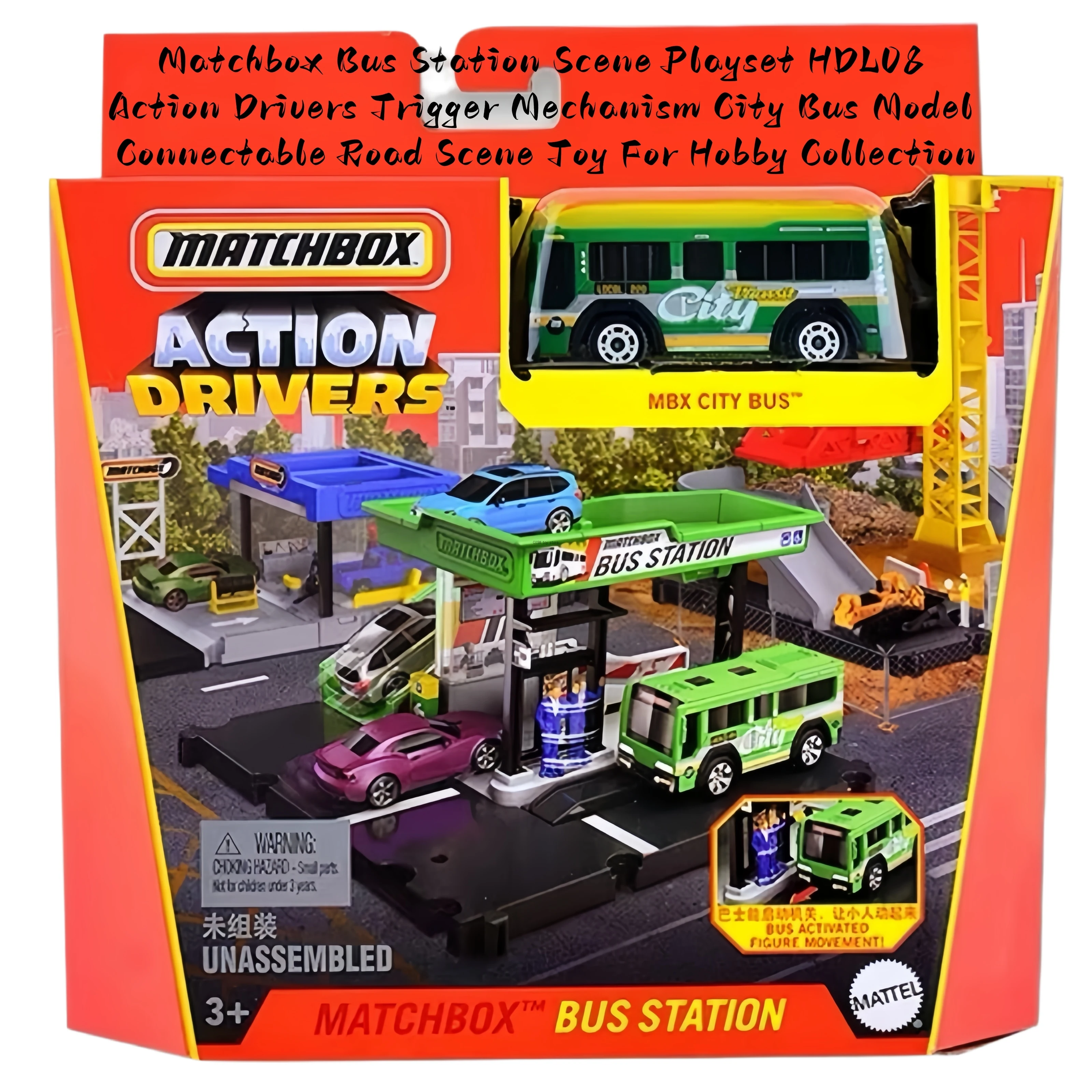 Matchbox Action Drivers Bus Station Playset Connectable Trigger Mechanism City Bus Model Road Scene For Hobby Collection Gift