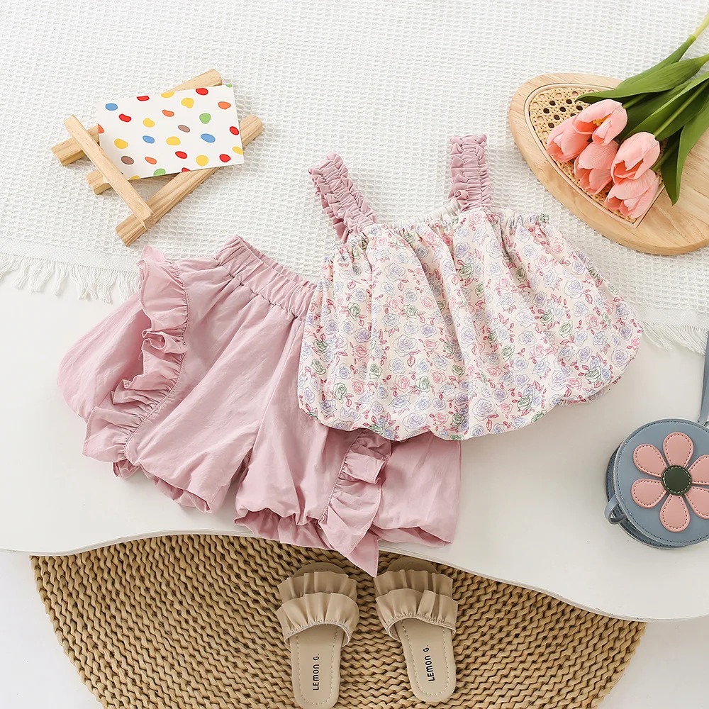 Girls Two-piece Set 2024 Summer New Childrens Clothing Fashion Pink Floral Suspender Bract Suit Casual Simple and Match