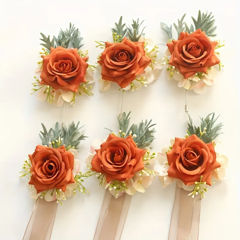 6 ชิ้น Elegant ผ้า Boutonniere Corsage ชุดสําหรับงานแต่งงานประดิษฐ์ดอกกุหลาบสีส้มดอกไม้อุปกรณ์เสริมสําหรับเจ้าสาวเจ้าบ่าว