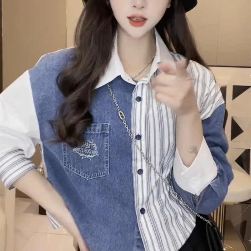 Spring Autumn New Fashion Polo Neck Long Sleeved Blouse Casual Versatile Splicing Western Elegant Loose Clothing Women's Shirts