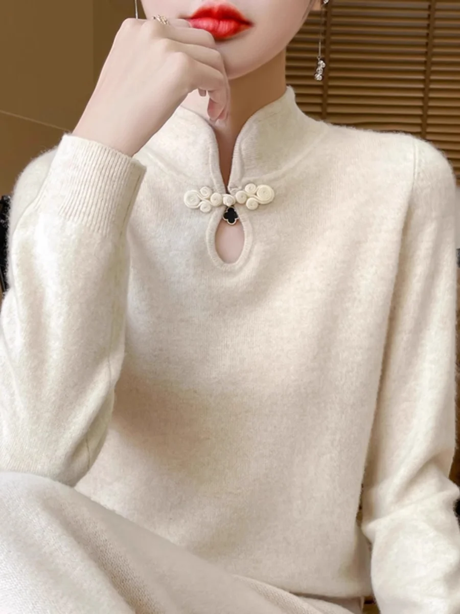 

New Chinese Sle Stand Collar Long Sve Women's Knitted Sweater Slim Fit Base Layer Winter Vintage f High Knitwear
