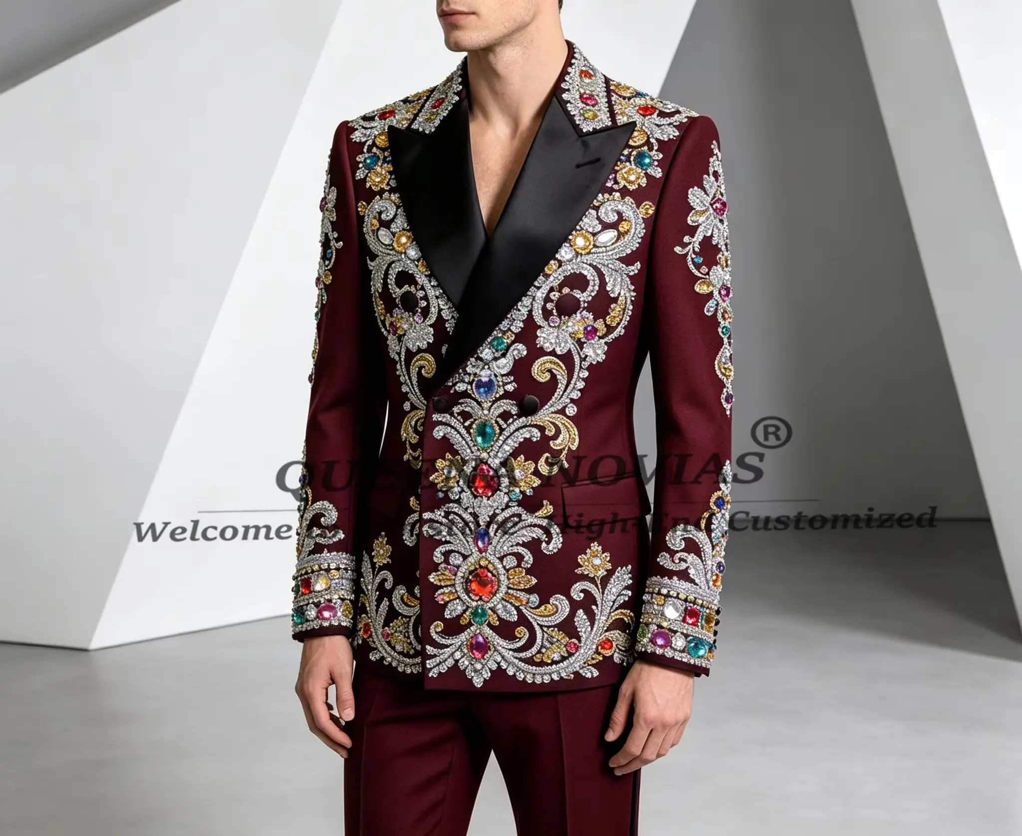 Exclusive Wedding Suit For Man Colorful Crystals Beading Stones Jacket Pants 2 Pieces Sets Double Breasted Men's Tuxedo Attires