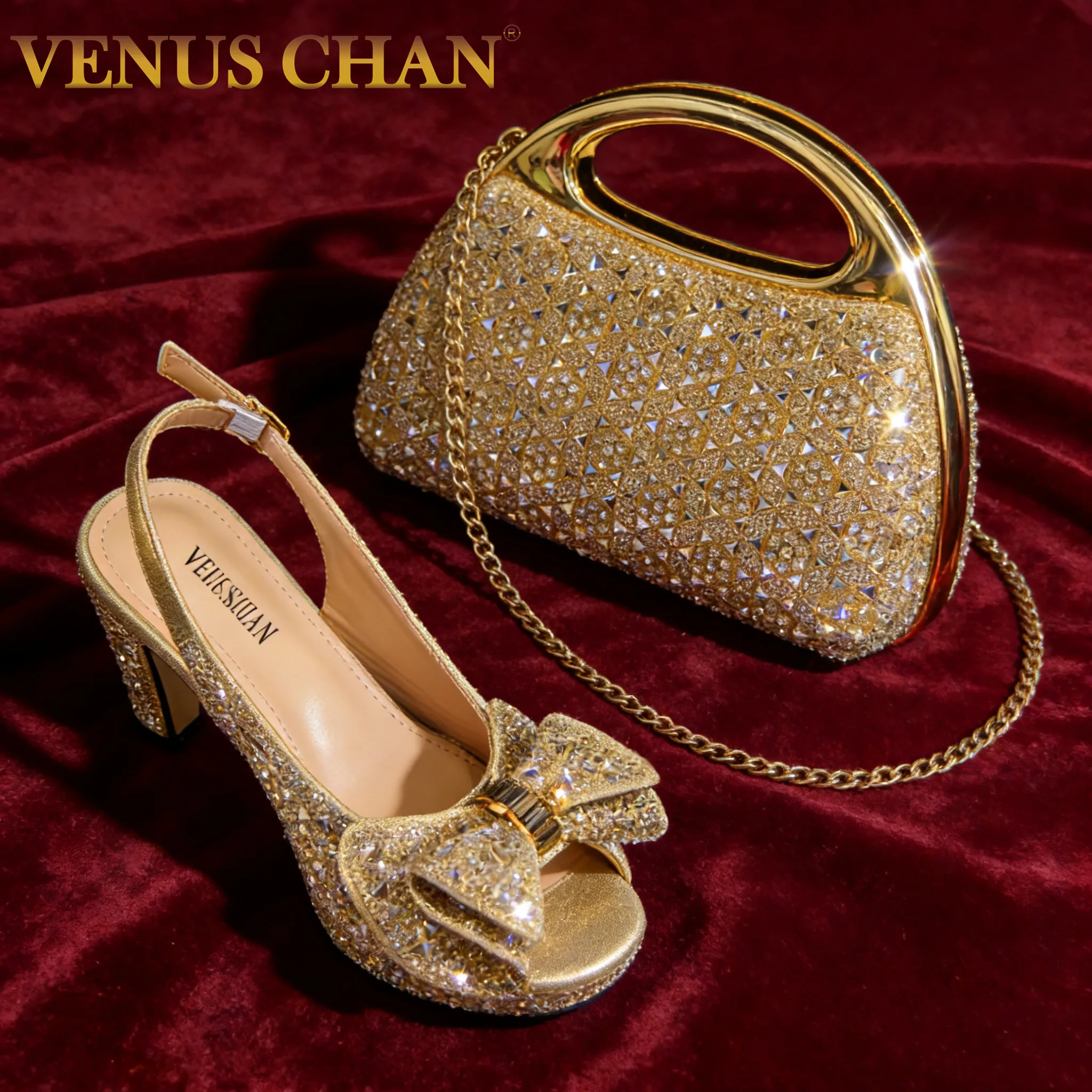 Venus Chan 2026 Damen High Heels aus italienischem Gold mit Strass-Detail & passendem Taschenset – Stilvolles Design mit spitzer Zehenpartie