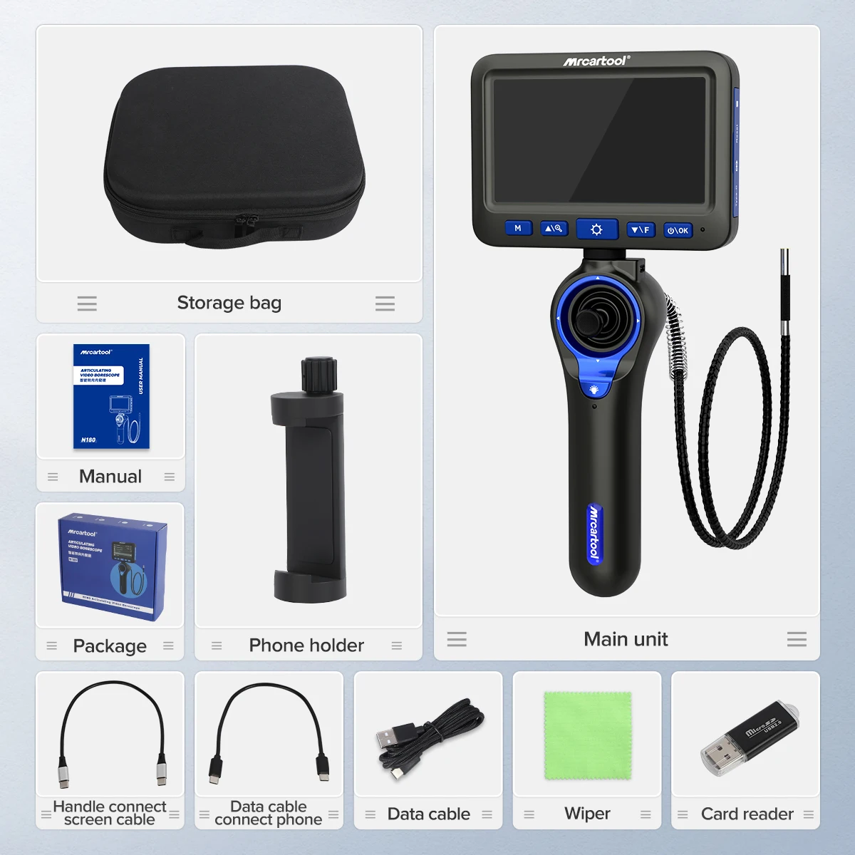 MRCARTOOL N180 Endoskopkamera 360° °   Vierwege-Artikulation, IP67, wasserdichte LED-Beleuchtung, industrielles Rohr-Endoskop