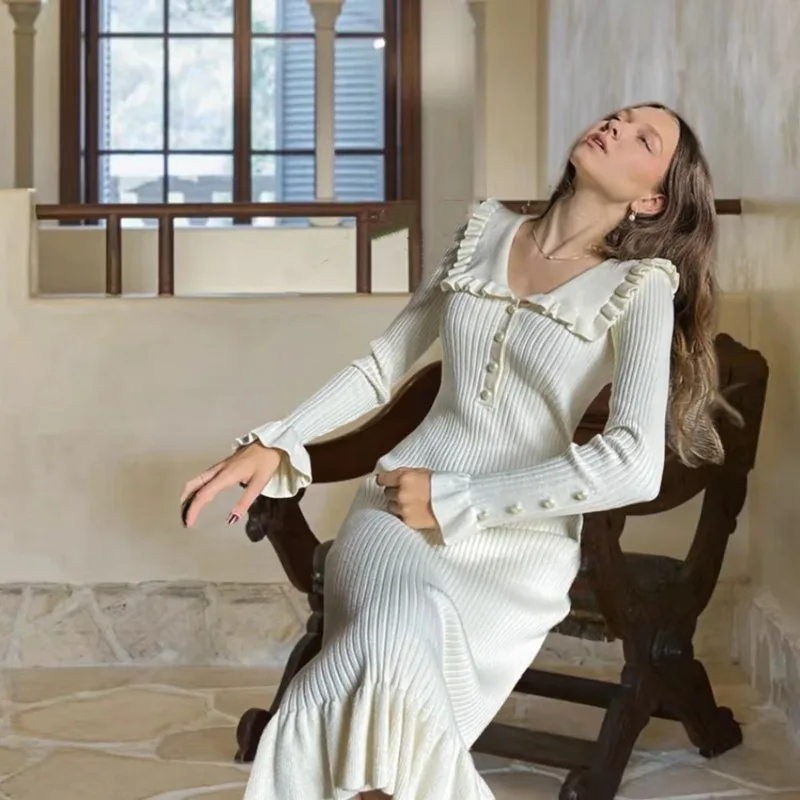 Elegant Sweet Autumn Women Knitted Corset Ruffle Dress Office Lady Celebrity Vintage Y2K Lapel Ribbed Button Slim Bodycon Dress