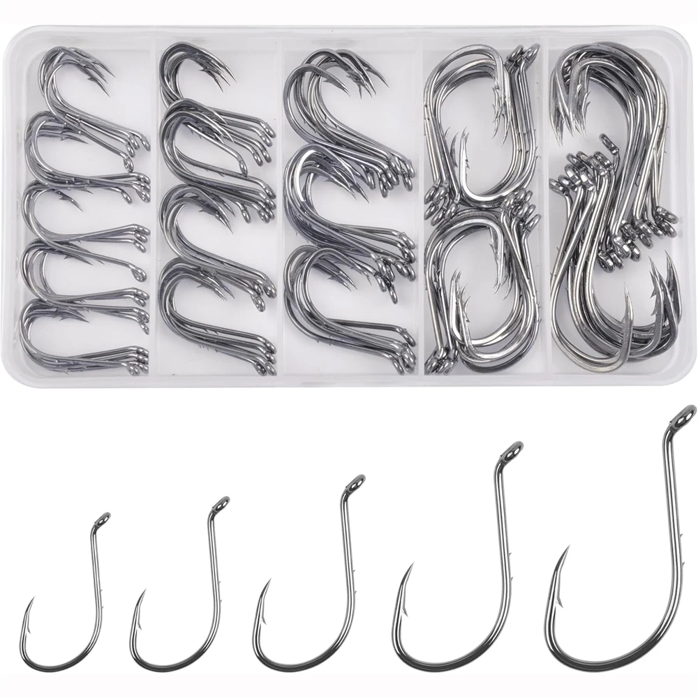 100/200Pcs Octopus Baitholder Fishing Hooks Kit Offset Circle Hooks High Carbon Steel Sharp J Hooks Live bait Fish Hooks