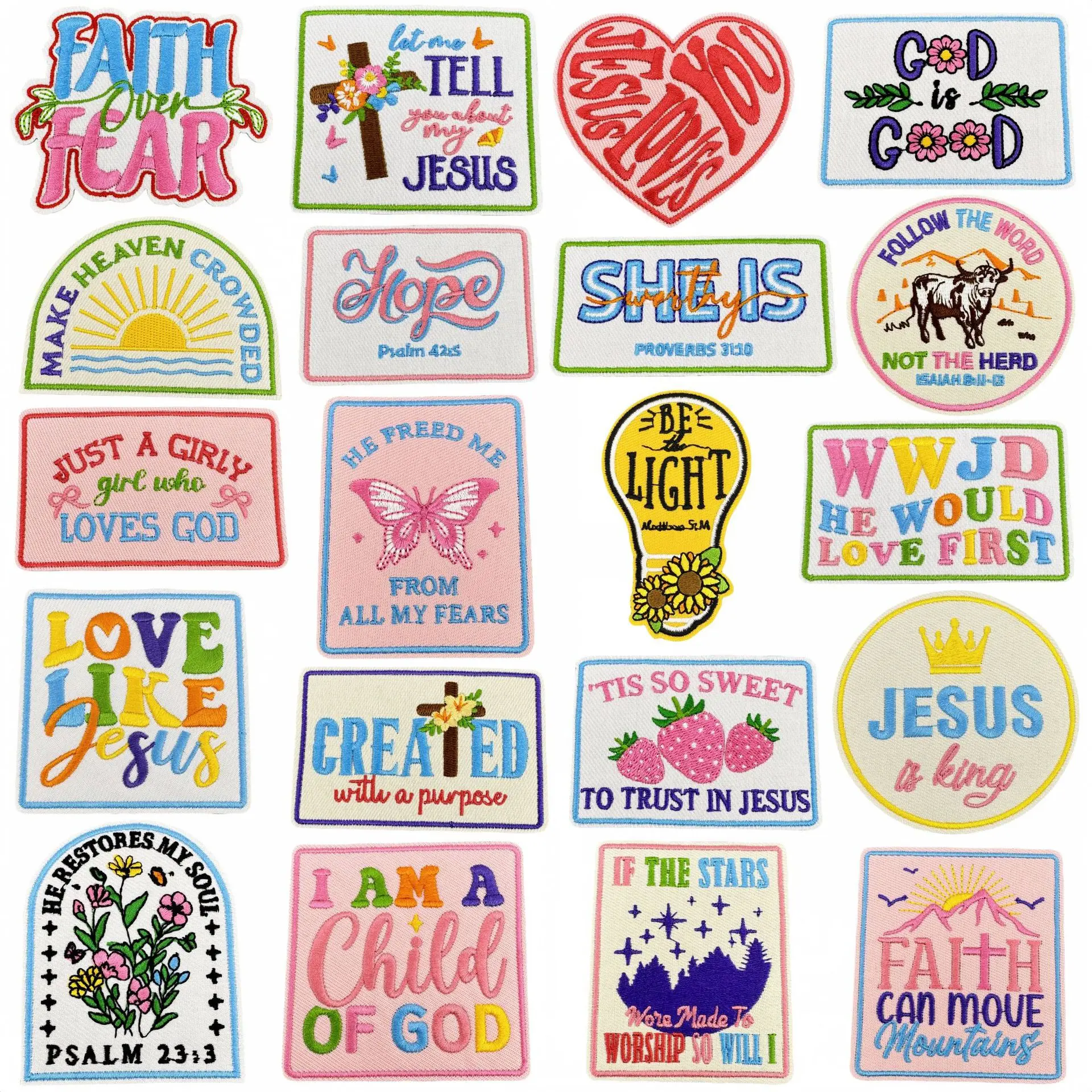 Enfant de Dieu Badge de foi brodé Jésus vous aime Fer religieux sur les patchs Citations de psaume Josué Lettres colorées Appliques