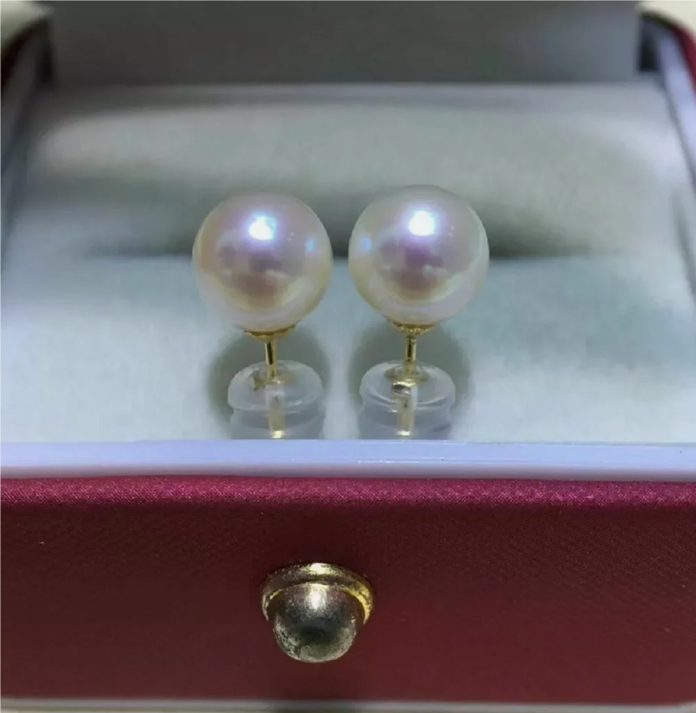 Beautiful AAAA 8-9mm round natural Akoya white pearl earrings 18K/AU750 gold 9-10mm 10-11mm 11-12mm