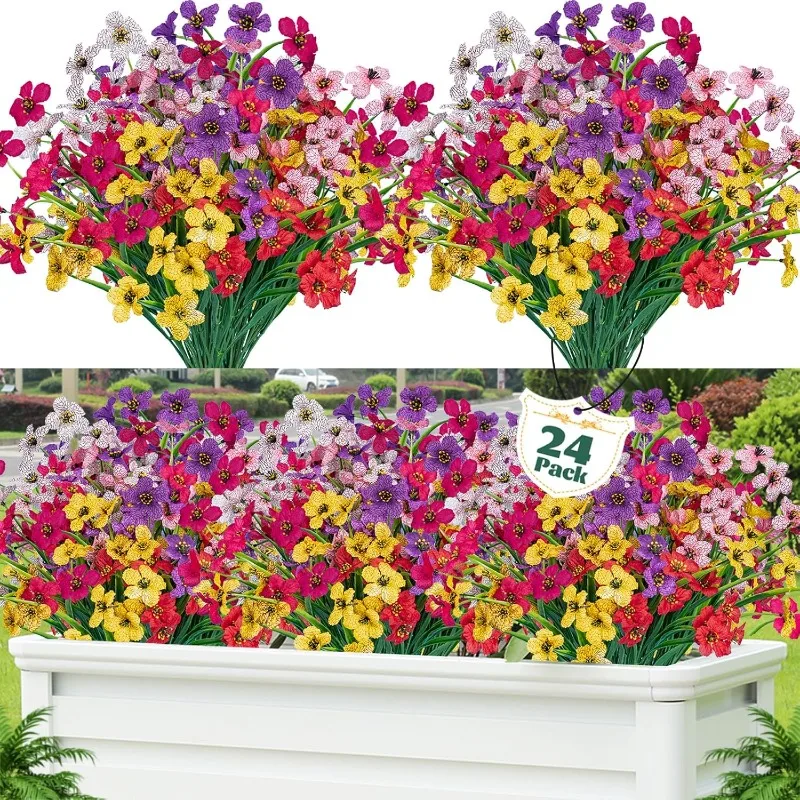 

24 Pcs Artificial Flowers for Outdoor UV Resistant Faux Flowers Shrubs for Indoor Outside Garden Home Wedding Farmhouse
