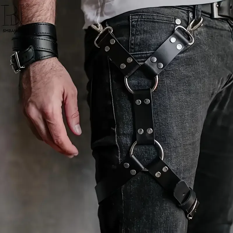 Adjustable Black Faux Leather Leg Harness Belt with Metal Buckles-Unisex Street Style for Performances,Retail Shows,and Casual W