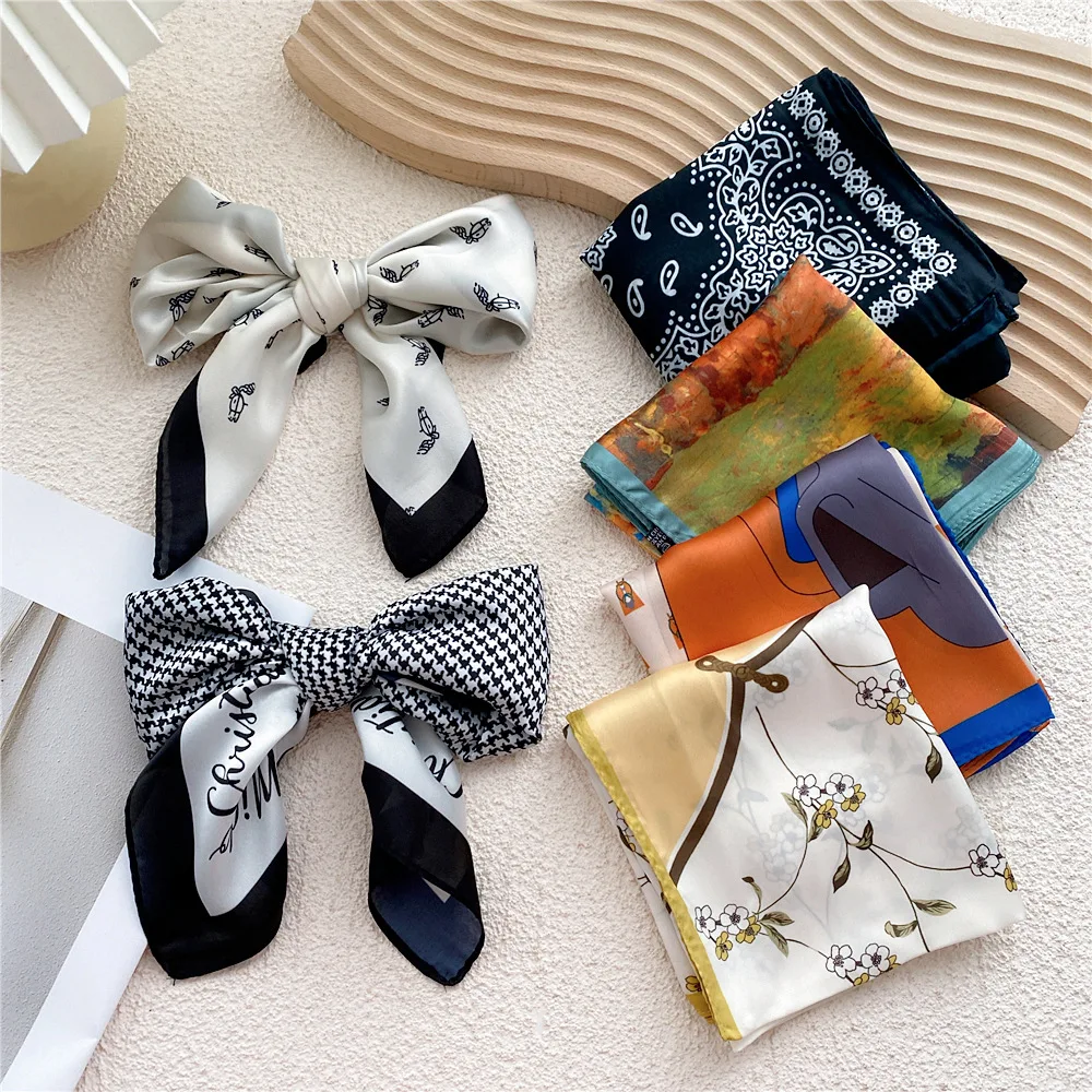 Fashion 53CM Silk Scarf Small Square Scarf Women\'s Versatile Decorative Hair Scarf Bandanas Ponytail Ties Headwear
