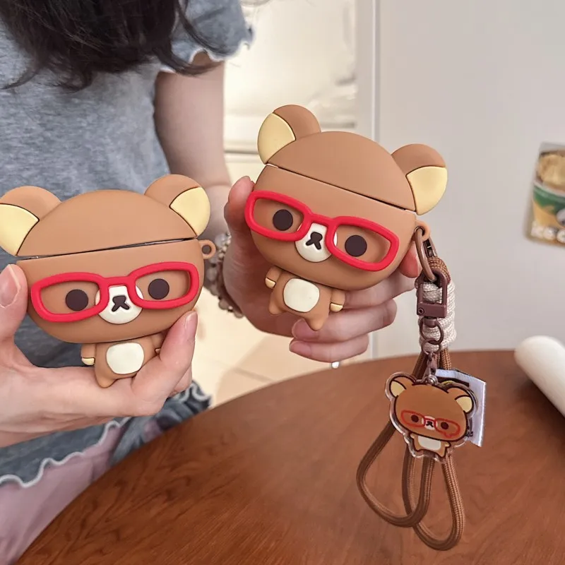 3D Rilakkuma Glasses Bear Silicone AirPods Case with Lanyard & Pendant for AirPods 3 4 Pro Pro 2 Pro3 Shockproof protective case view 5