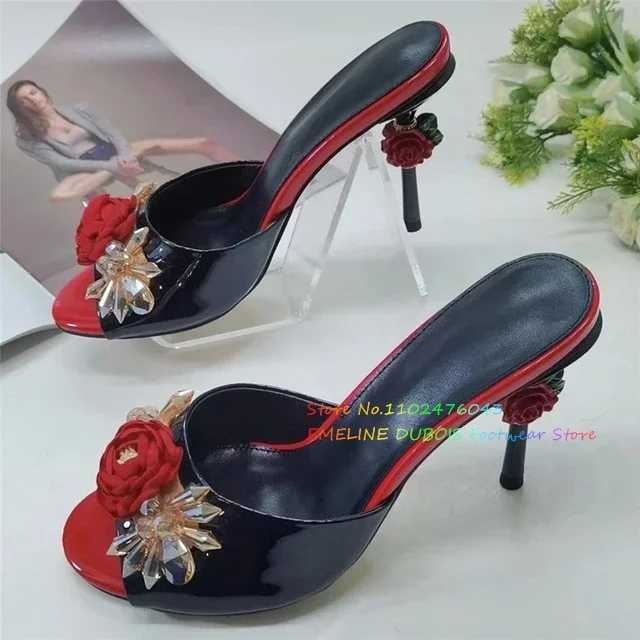 

Jeweled Crystal Flower strange Heel Mules Women Leather Peep Toe Rose Decoration Slingback High Heel Slippers For Girl