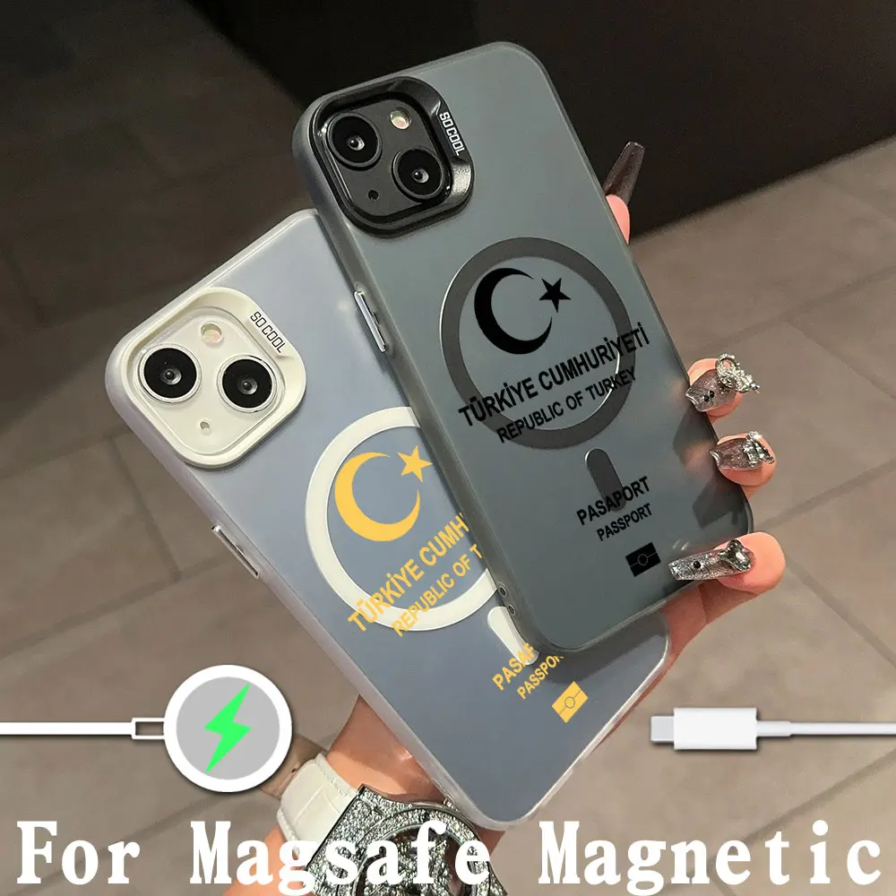 Turkey Passport Magsafe Magnetic Phone Case for IPhone 11 12 13 14 15 16 Pro Max Plus Creative Border Silver Plated Cover