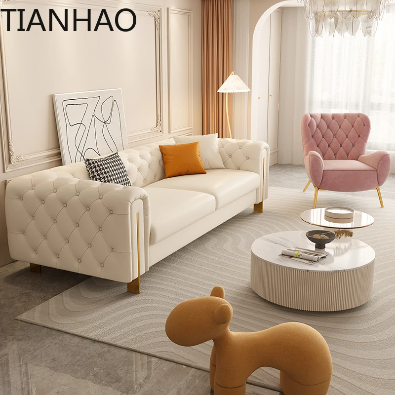 Luxury Genuine Leather Pull Strap Sofa French Style Living Room Set Modern Minimalist Top Grain Cowhide Sofa for Small and